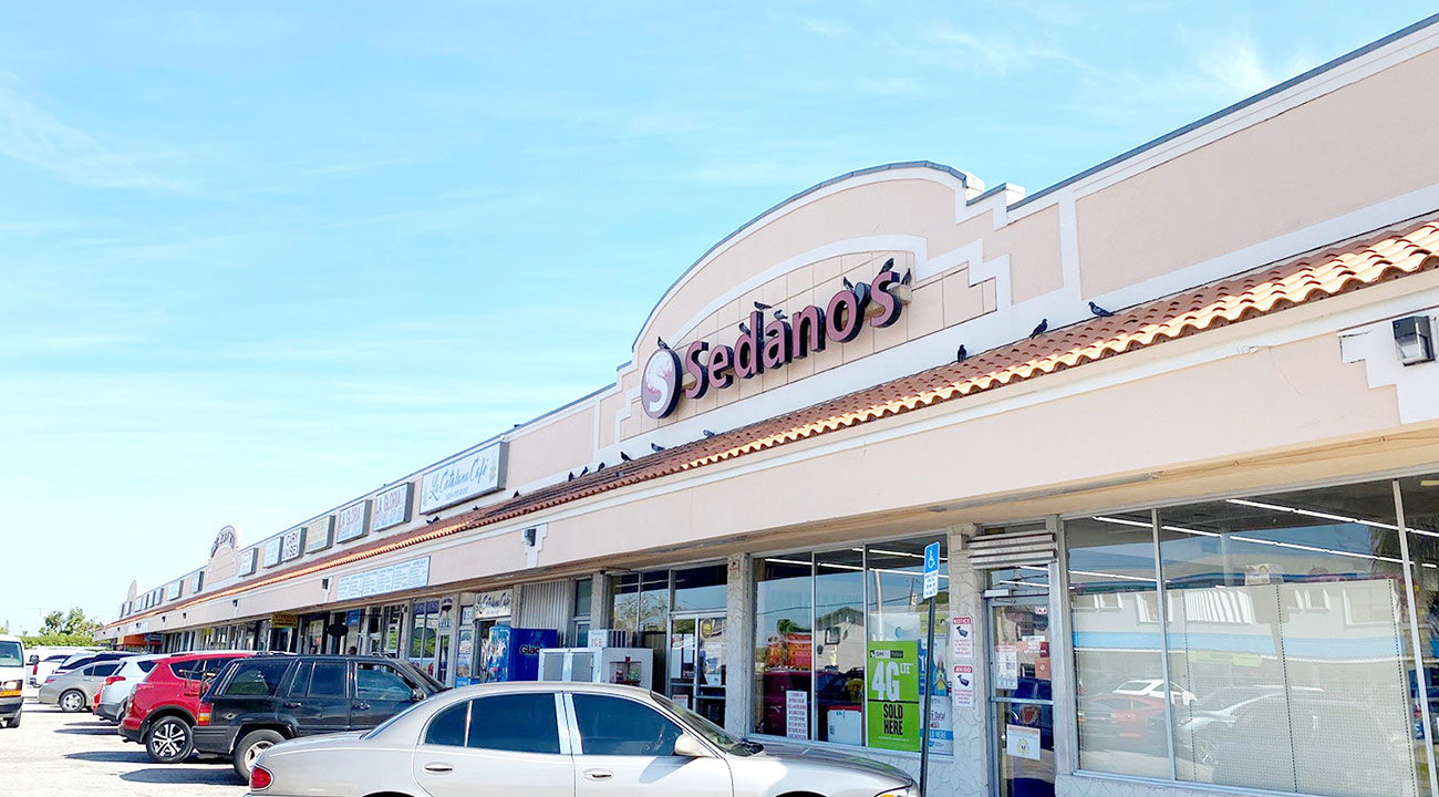 E1 Retail shopping center exterior featuring Sedano’s and parking area